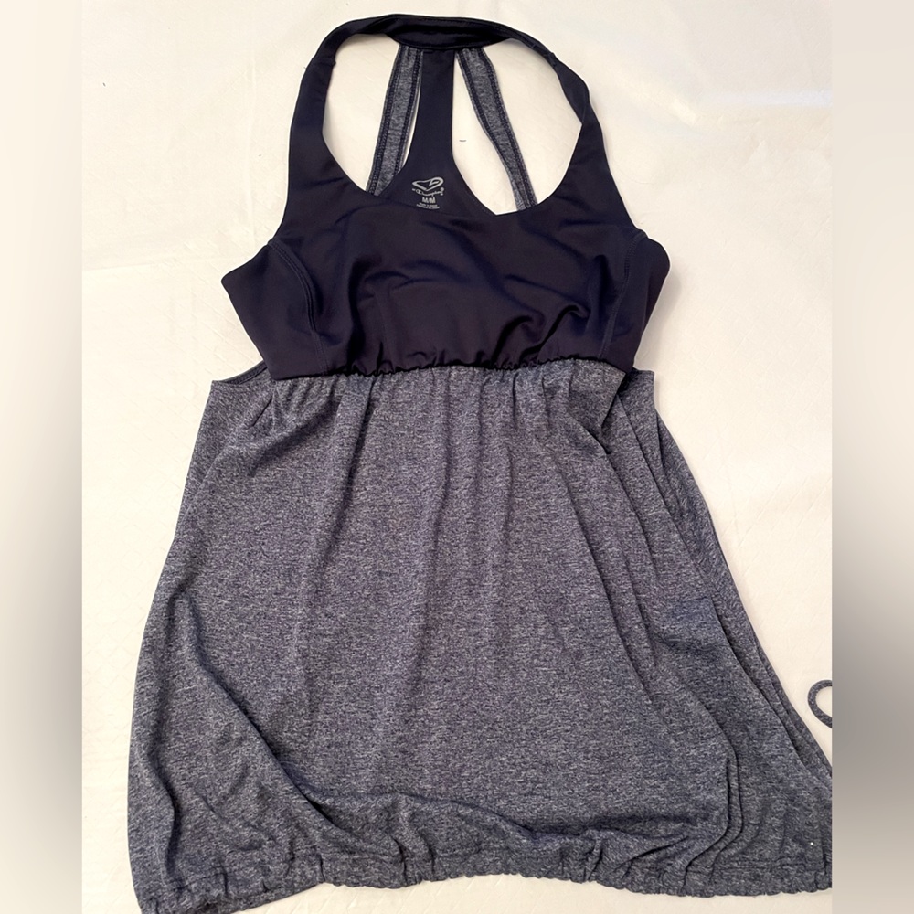 Champion Medium dark heather blue & Navy bra with a Racer back style tank top.